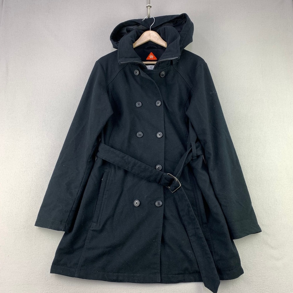 Columbia Omni-Heat Trench Coat Women Small Black Pea Coat Belted Hooded
